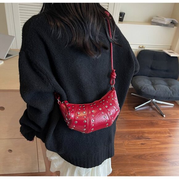 Red Statement Studded Crescent Handbag - Picture 6 of 9